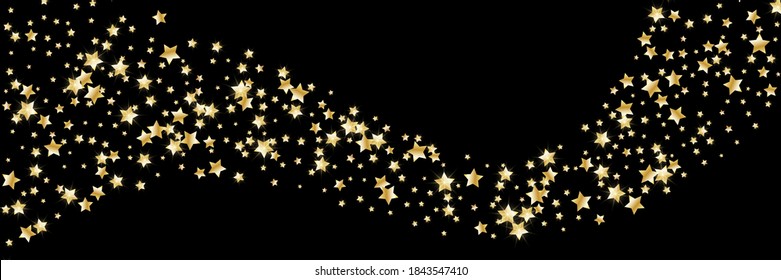Confetti of shooting golden stars. Golden stars. Festive background, design cards, invitations. Abstract texture on a black background. Design element. Vector illustration, eps 10.