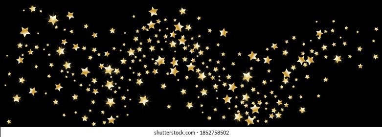Confetti of shooting golden stars. Golden stars. Festive background, design cards, invitations. Abstract texture on a black background. Design element. Vector illustration, eps 10.