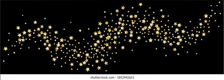 Confetti of shooting golden stars. Golden stars. Festive background, design cards, invitations. Abstract texture on a black background. Design element. Vector illustration, eps 10.