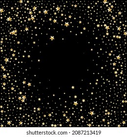 Confetti of shooting golden stars. Golden stars. Festive background, design cards, invitations. Abstract texture on a black background. Design element. Vector illustration, eps 10.
