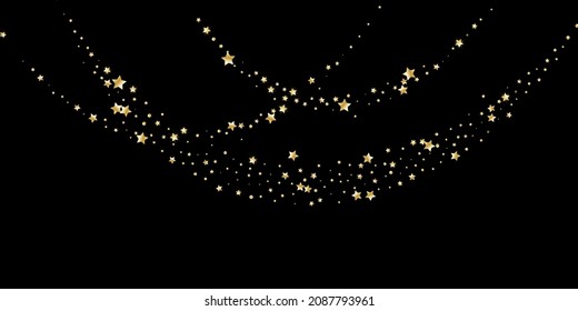 Confetti of shooting golden stars. Golden stars. Festive background, design cards, invitations. Abstract texture on a black background. Design element. Vector illustration, eps 10.