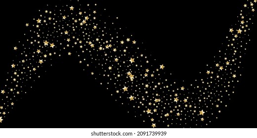 Confetti of shooting golden stars. Golden stars. Festive background, design cards, invitations. Abstract texture on a black background. Design element. Vector illustration, eps 10.