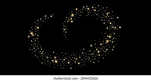 Confetti of shooting golden stars. Golden stars. Festive background, design cards, invitations. Abstract texture on a black background. Design element. Vector illustration, eps 10.