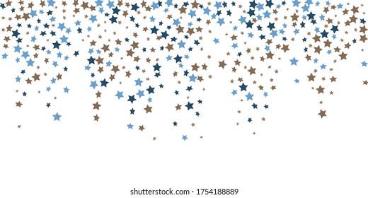 Confetti of shooting stars. Blue, beige stars. Luxury holiday background. Abstract texture on a white background. Design element. Vector illustration, eps 10.