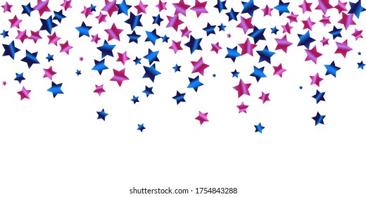 Confetti of shooting stars. Blue, pink gradient stars. Luxury holiday background. Abstract texture on a white background. Design element. Vector illustration, eps 10.