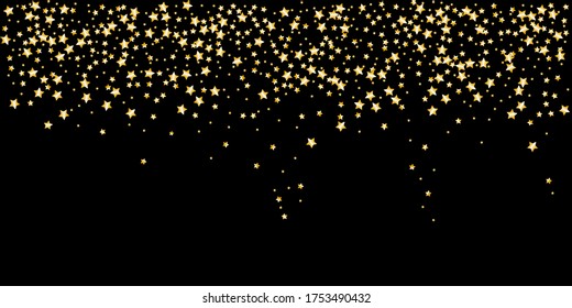 Confetti of shooting stars. Gold stars. Luxury holiday background. Abstract texture on a black background. Design element. Vector illustration, eps 10.