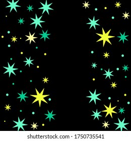 Confetti of shooting stars. Yellow and turquoise stars. Luxury holiday background. Abstract texture on a white background. Design element. Vector illustration, eps 10.