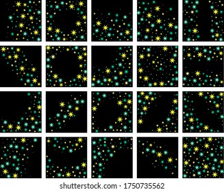 Confetti of shooting stars. Yellow and turquoise stars. Luxury holiday background. Abstract texture on a black background. Design element. Vector illustration, eps 10.