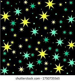 Confetti of shooting stars. Yellow and turquoise stars. Luxury holiday background. Abstract texture on a white background. Design element. Vector illustration, eps 10.