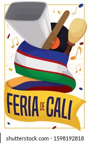 Confetti shower and frame with emblematic elements to celebrate Feria de Cali (written in Spanish): Cali flag, vinyl LP, maraca, cowbell with beater, all decorated with musical notes.