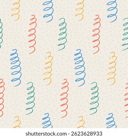 Confetti spirals crayon lines seamless pattern. Geometric party endless background. Fun confetti repeat cover. Surface pattern design festive motif. Vector hand drawn illustration.