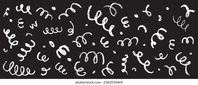 Confetti squiggle scribble set. Vector stock hand draw crayon brush stroke illustration isolated on black background for design template abstract background kids birthday party banner. EPS10 