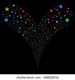 Confetti Star fireworks stream. Vector illustration style is flat bright multicolored iconic symbols on a black background. Object double fountain created from random pictograms.