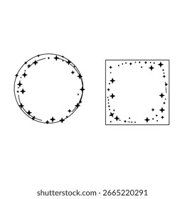 Confetti star frames set - circular and square dotted border vector for party labels, stickers, and festive badges