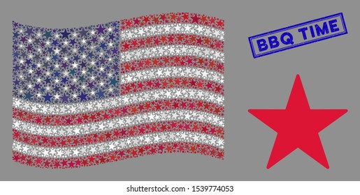 Confetti star items are organized into United States flag collage with blue rectangle distressed stamp seal of BBQ Time caption.