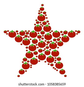 Confetti Star mosaic of tomatoes in different sizes. Vector tomato vegetable elements are combined into confetti star mosaic. Vegetarian vector illustration.