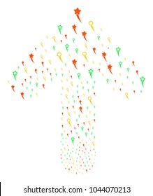 Confetti Stars composition organized in the combination of forward navigation arrow. Up direction arrow composition constructed from confetti stars objects.