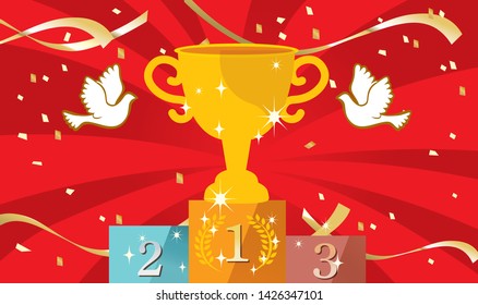 Confetti and stars dance, cheering bright illustrations happy cup win