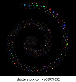 Confetti Stars exploding swirl spiral. Vector bright multicolored random symbols.