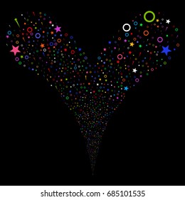 Confetti Stars explosive stream. Vector illustration style is flat bright multicolored iconic confetti stars symbols on a black background. Object fountain made from random pictographs.