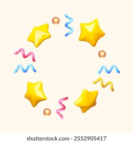 Confetti with stars fireworks 3d circle banner. Holiday, sale, birthday party and bonus design.