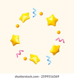 Confetti with stars fireworks 3d circle banner. Holiday, sale, birthday party and bonus design.