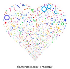 Confetti Stars fireworks with heart shape. Vector illustration style is flat bright multicolored iconic symbols on a white background. Object love heart organized from scattered pictograms.