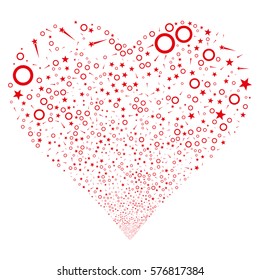 Confetti Stars fireworks with heart shape. Vector illustration style is flat red iconic symbols on a white background. Object valentine heart combined from scattered pictograms.