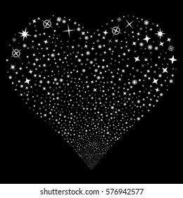 Confetti Stars fireworks with heart shape. Vector illustration style is flat white iconic symbols on a black background. Object valentine heart organized from random design elements.