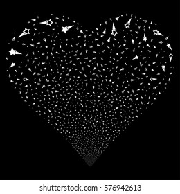 Confetti Stars fireworks with heart shape. Vector illustration style is flat white iconic symbols on a black background. Object love heart constructed from confetti design elements.