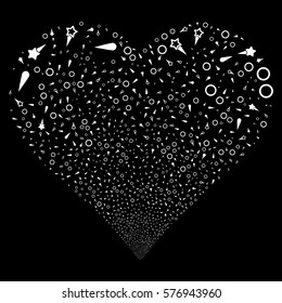 Confetti Stars fireworks with heart shape. Vector illustration style is flat white iconic symbols on a black background. Object heart made from scattered icons.