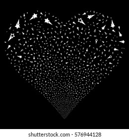 Confetti Stars fireworks with heart shape. Vector illustration style is flat white iconic symbols on a black background. Object love heart done from scattered design elements.