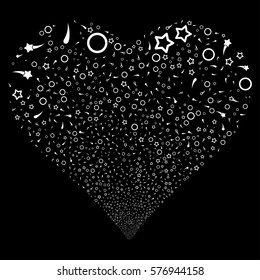 Confetti Stars fireworks with heart shape. Vector illustration style is flat white iconic symbols on a black background. Object love heart organized from random icons.