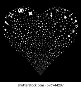 Confetti Stars fireworks with heart shape. Vector illustration style is flat white iconic symbols on a black background. Object valentine heart made from random pictograms.
