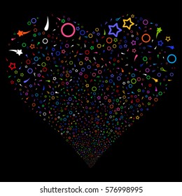 Confetti Stars fireworks with heart shape. Vector illustration style is flat bright multicolored iconic symbols on a black background. Object heart done from scattered design elements.