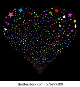 Confetti Stars fireworks with heart shape. Vector illustration style is flat bright multicolored iconic symbols on a black background. Object salute made from random icons.