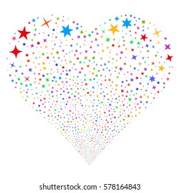 Confetti Stars fireworks with heart shape. Vector illustration style is flat bright multicolored iconic symbols on a white background. Object love heart created from random pictographs.