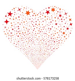 Confetti Stars fireworks with heart shape. Vector illustration style is flat intensive red and orange iconic symbols on a white background. Object valentine heart done from random design elements.