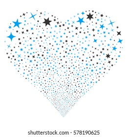 Confetti Stars fireworks with heart shape. Vector illustration style is flat blue and gray iconic symbols on a white background. Object valentine heart combined from confetti pictographs.
