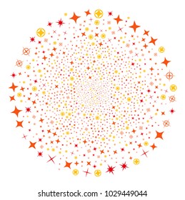 Confetti Stars fireworks spheric cluster. Object pattern organized from scattered confetti stars pictographs as explosion round shape. Vector illustration style is flat iconic symbols.