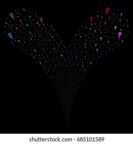 Confetti Stars fireworks stream. Vector illustration style is flat bright multicolored iconic confetti stars symbols on a black background. Object fountain made from random pictograms.