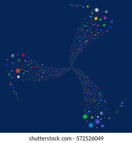 Confetti Stars fireworks swirl rotation. Vector illustration style is flat bright multicolored iconic symbols on a blue background. Object twirl created from random icons.