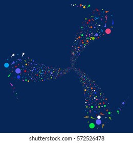 Confetti Stars fireworks swirl rotation. Vector illustration style is flat bright multicolored iconic symbols on a blue background. Object spiral combined from random pictograms.