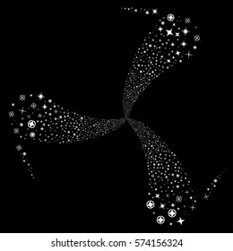 Confetti Stars fireworks swirl rotation. Vector illustration style is flat white iconic symbols on a black background. Object spiral combined from random pictograms.