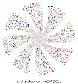 Confetti Stars fireworks swirl rotation. Vector illustration style is flat bright multicolored iconic symbols on a white background. Object flower created from random symbols.