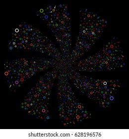 Confetti Stars fireworks swirl rotation. Vector illustration style is flat bright multicolored iconic symbols on a black background. Object flower made from random icons.