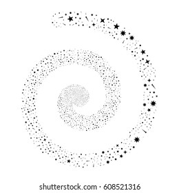 Confetti Stars fireworks swirling spiral. Vector illustration style is flat black scattered symbols. Object helix combined from scattered symbols.