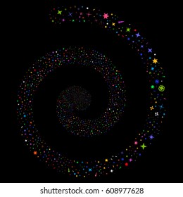 Confetti Stars fireworks swirling spiral. Vector bright multicolored scattered symbols.