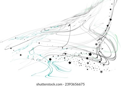 Confetti stars and pencil strokes. The stars fly along the trajectory of the lines. Black, white colors. Festive background. Vector illustration
