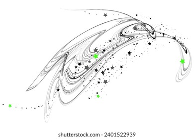 Confetti stars and pencil strokes. The stars fly along the trajectory of the lines. Black, white colors. Festive background. Vector illustration